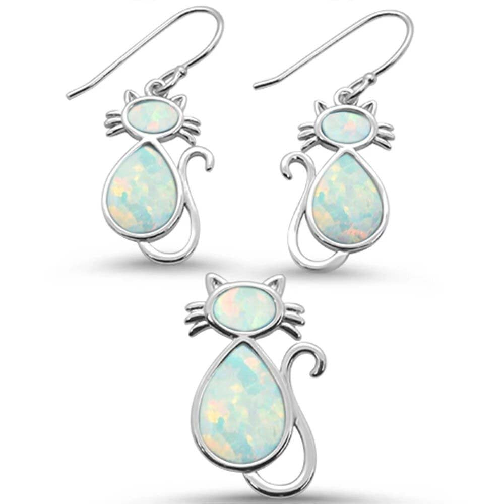 Sterling Silver White Opal Cat Design Dangle Earring And Pendant Set