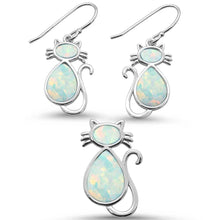Load image into Gallery viewer, Sterling Silver White Opal Cat Design Dangle Earring And Pendant Set
