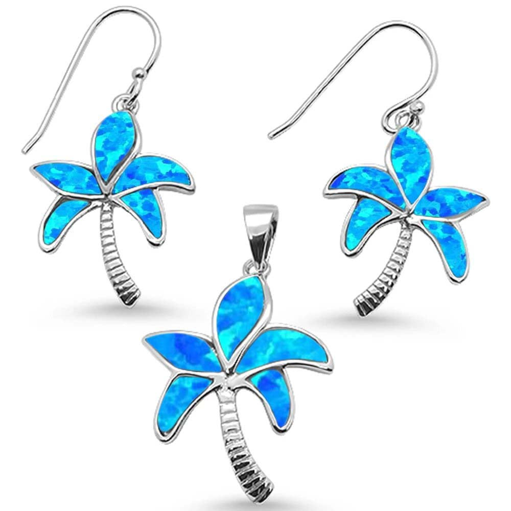 Sterling Silver Blue Opal Palm Tree Earring and Pendant Set