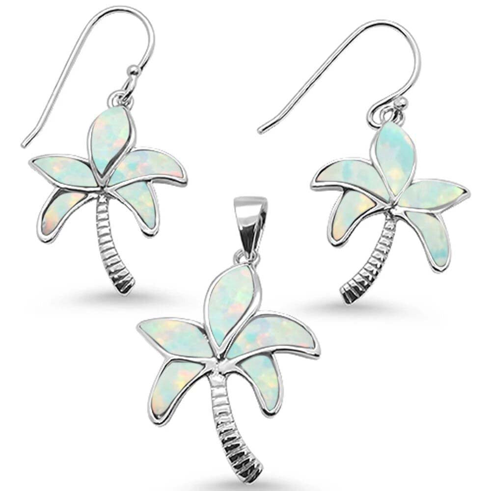 Sterling Silver White Opal Palm Tree Earring and Pendant Set