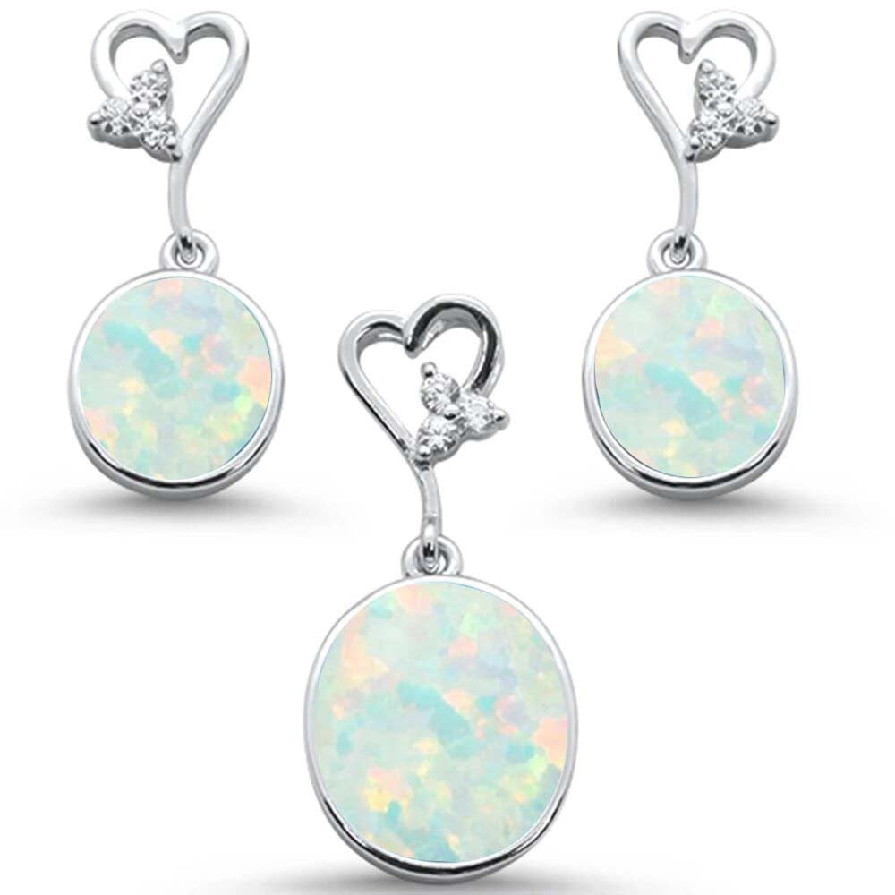 Sterling Silver Oval White Opal and Cz With Heart Shape Dangle Earring and Pendant Set