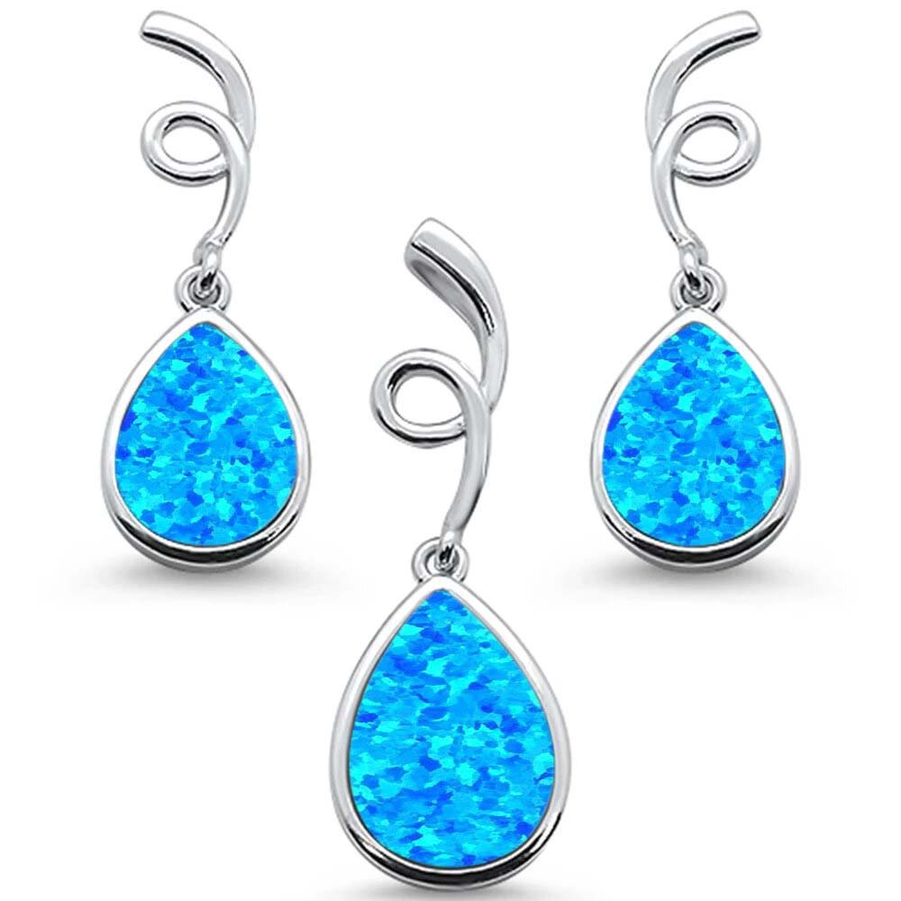 Sterling Silver Blue Opal Pear Shape Spiral Dangle Earring And Pendant Set