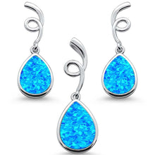 Load image into Gallery viewer, Sterling Silver Blue Opal Pear Shape Spiral Dangle Earring And Pendant Set