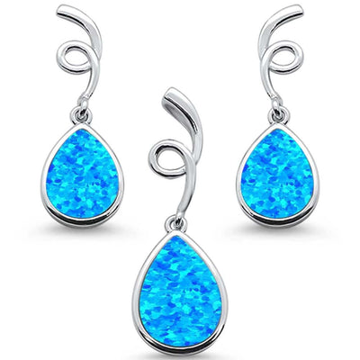 Sterling Silver Blue Opal Pear Shape Spiral Dangle Earring And Pendant Set