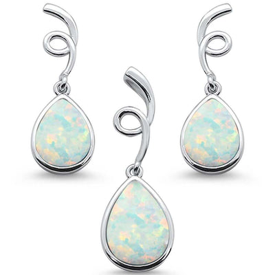 Sterling Silver White Opal Pear Shape Spiral Dangle Earring And Pendant Set