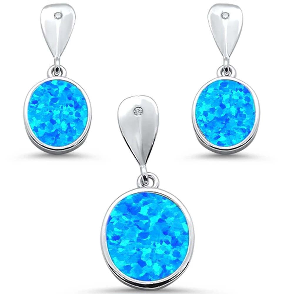 Sterling Silver Oval Blue Opal Dangle Earring And Pendant Set