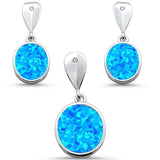 Sterling Silver Oval Blue Opal Dangle Earring And Pendant Set