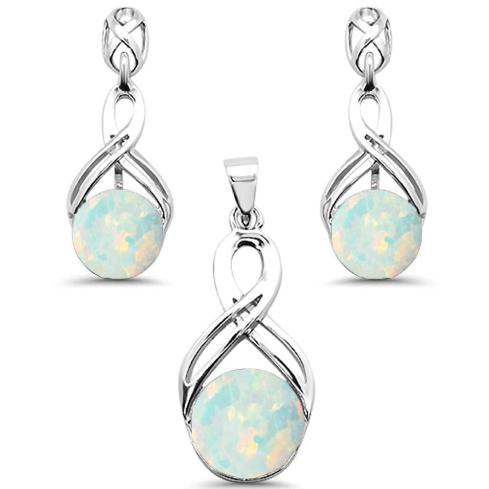 Sterling Silver Round Opal Infinity Drop Dangle Earrings And Pendant Set