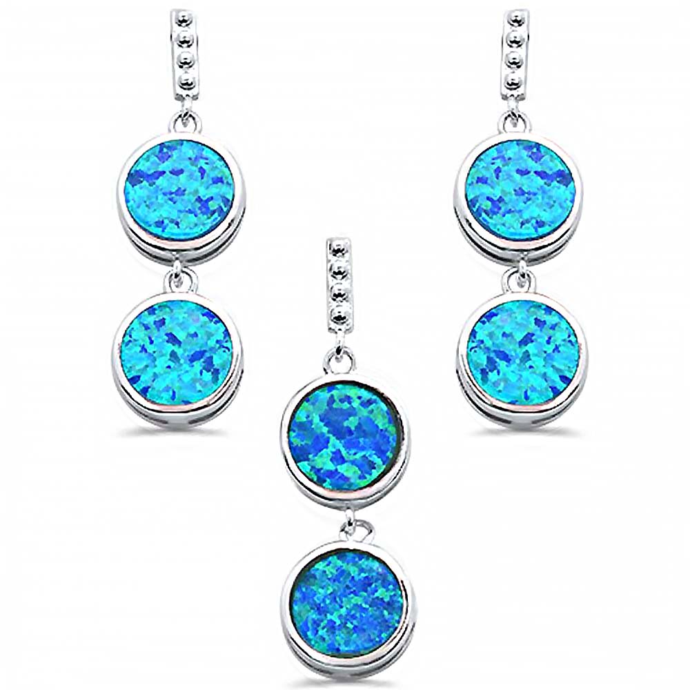 Sterling Silver Double Round Blue Opal Dangle Earring And Pendant Set