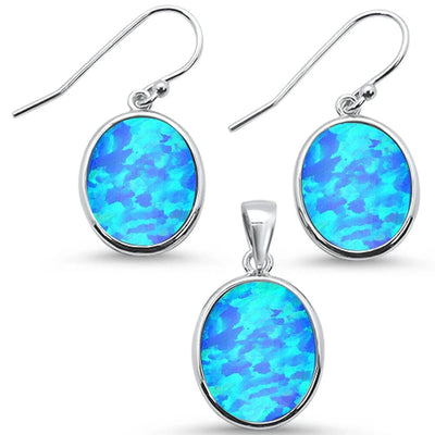 Sterling Silver Oval Blue Opal Earrings And Pendant Set