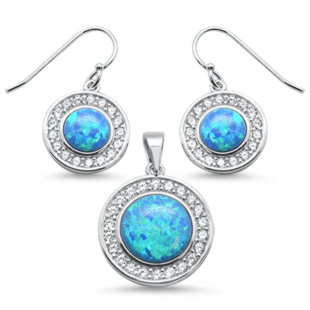 Sterling Silver Round Blue Opal And Cubic Zirconia Earrings And Pendant Set