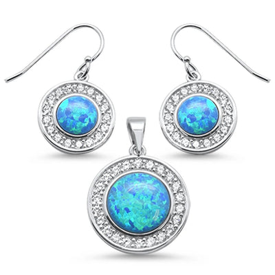 Sterling Silver Round Blue Opal And Cubic Zirconia Earrings And Pendant Set