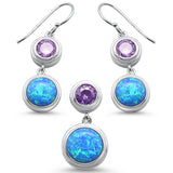 Sterling Silver Round Opal Amethyst Cubic Zirconia Earrings And Pendant Set
