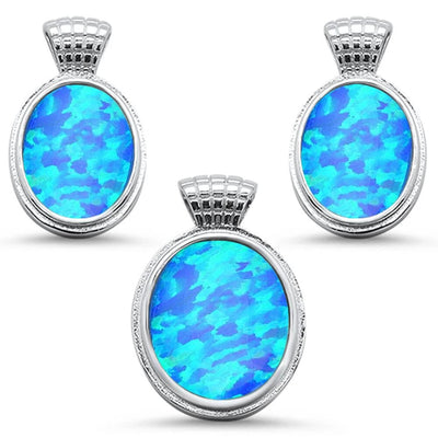 Sterling Silver Oval Blue Opal Earrings And Pendant Set