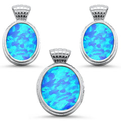 Sterling Silver Oval Blue Opal Earrings And Pendant Set