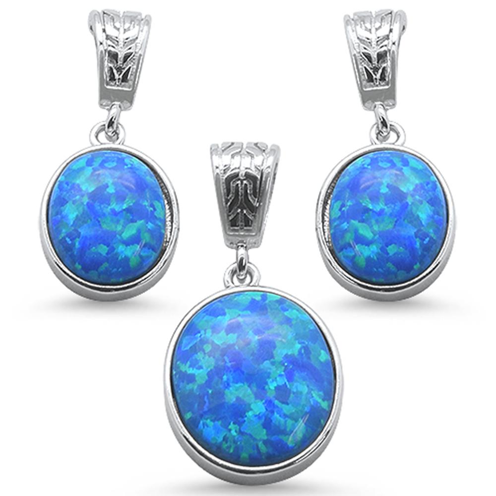 Sterling Silver Oval Blue Opal Design Earrings And Pendant Set