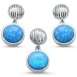 Sterling Silver Round Blue Opal Earrings And Pendant Set