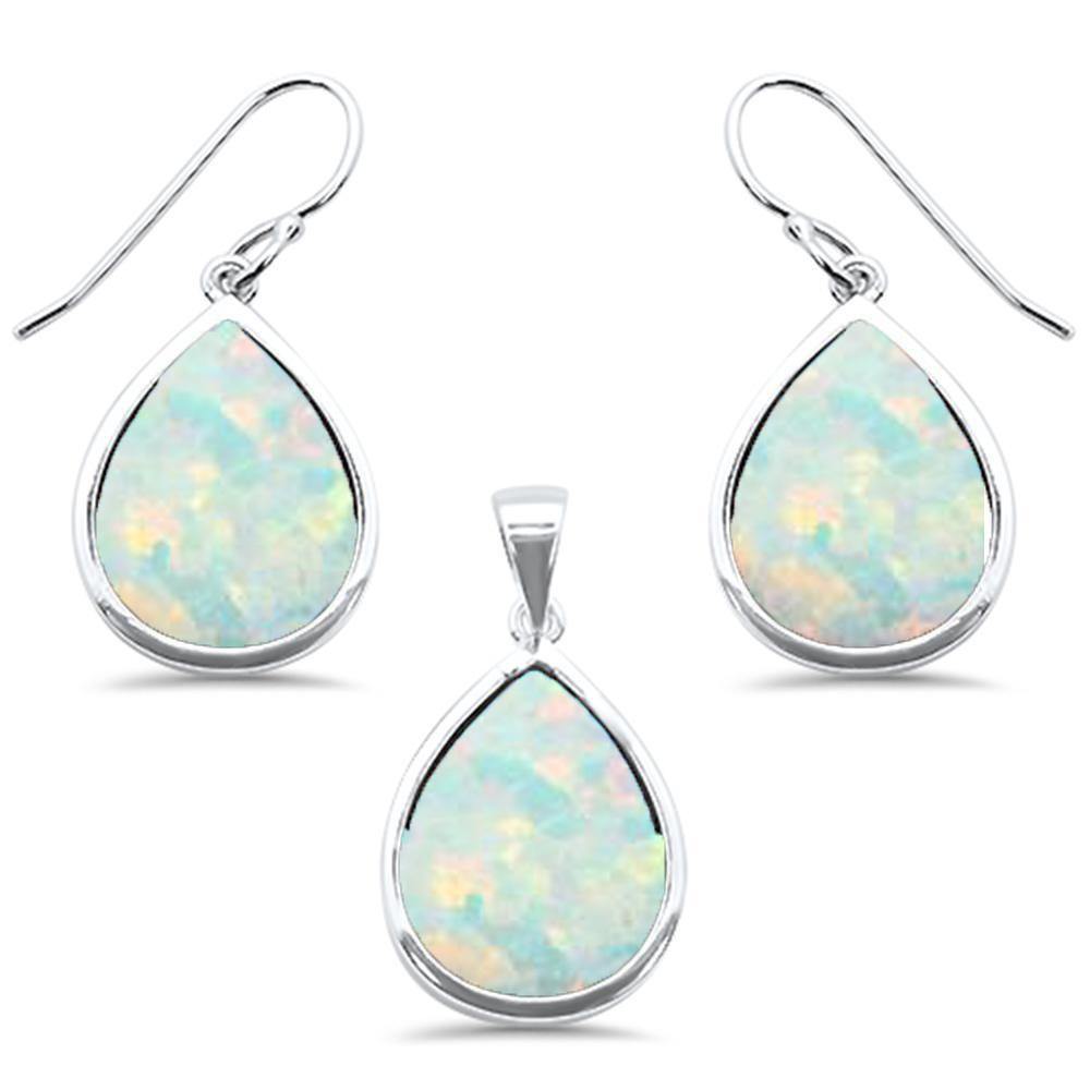 Sterling Silver Pear White Opal Pendant and Earring Set - silverdepot