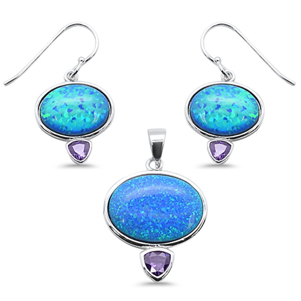 Sterling Silver Blue Opal And Amethyst Cubic Zirconia Pendant And Earrings Set