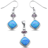 Sterling Silver Cushion Cut Blue Opal And Amethyst Pendant And Earrings Set