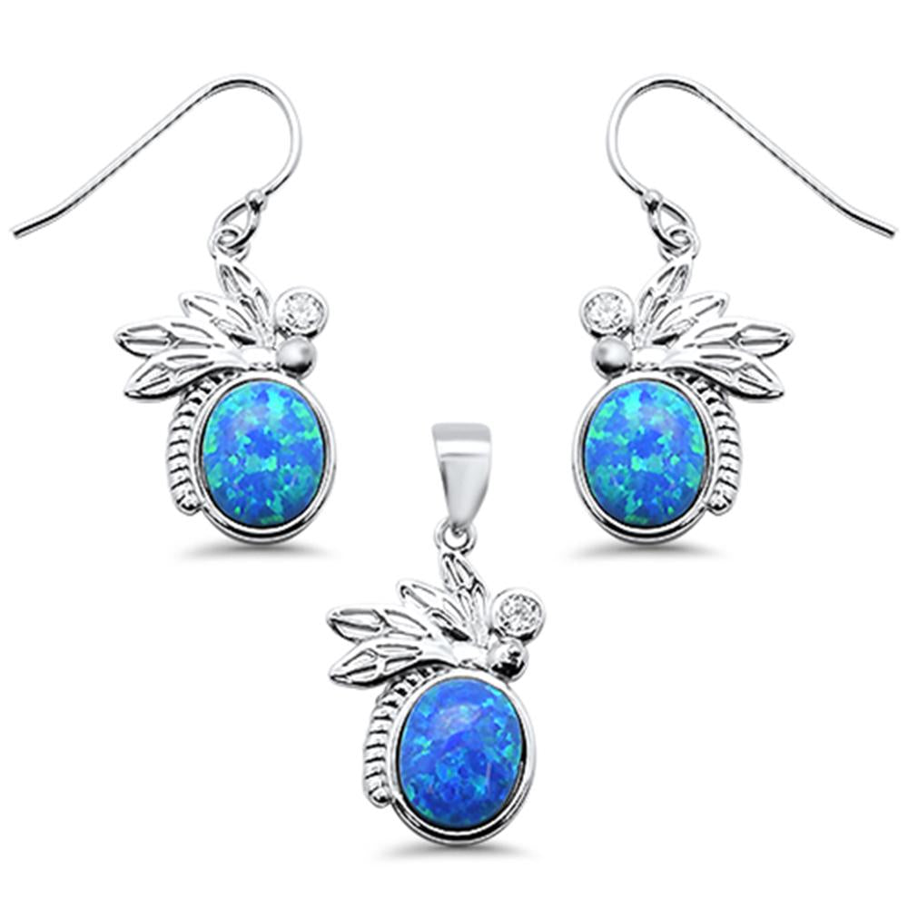 Sterling Silver Natural Larimar And Cubic Zirconia Pendant And Earring Set