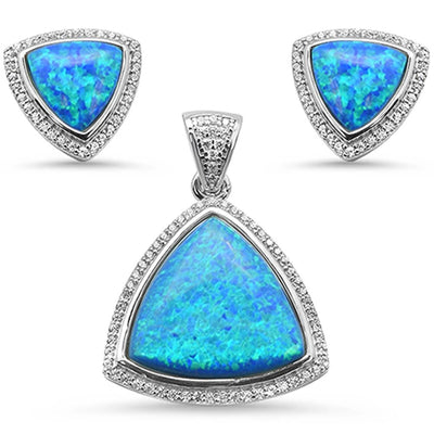 Sterling Silver Blue Opal And Cubic Zirconia Trillion Shape Pendant And Earring Set