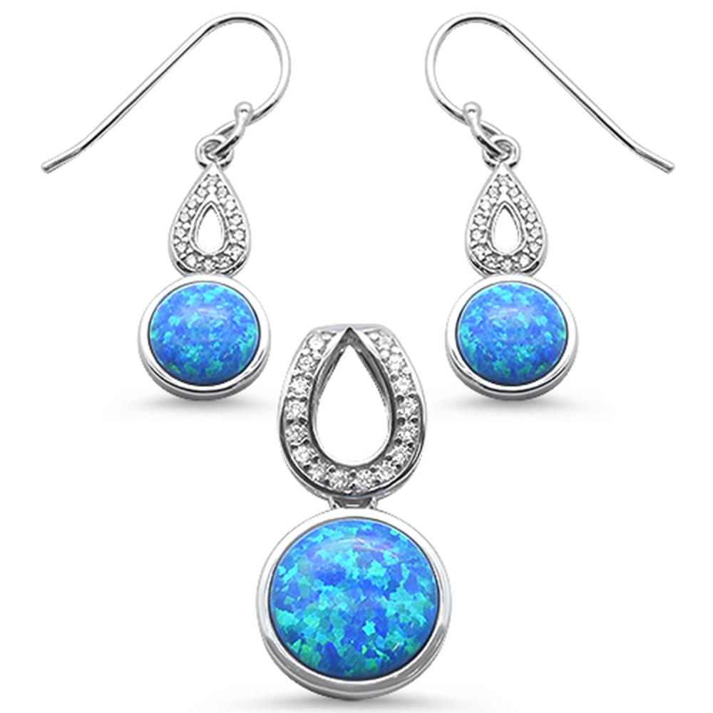 Sterling Silver Blue Opal And Cubic Zirconia Dangling Earrings And Pendant Set