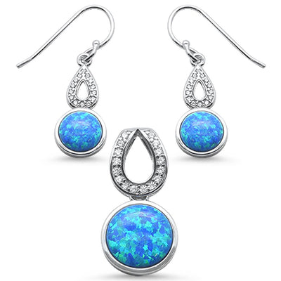 Sterling Silver Blue Opal And Cubic Zirconia Dangling Earrings And Pendant Set