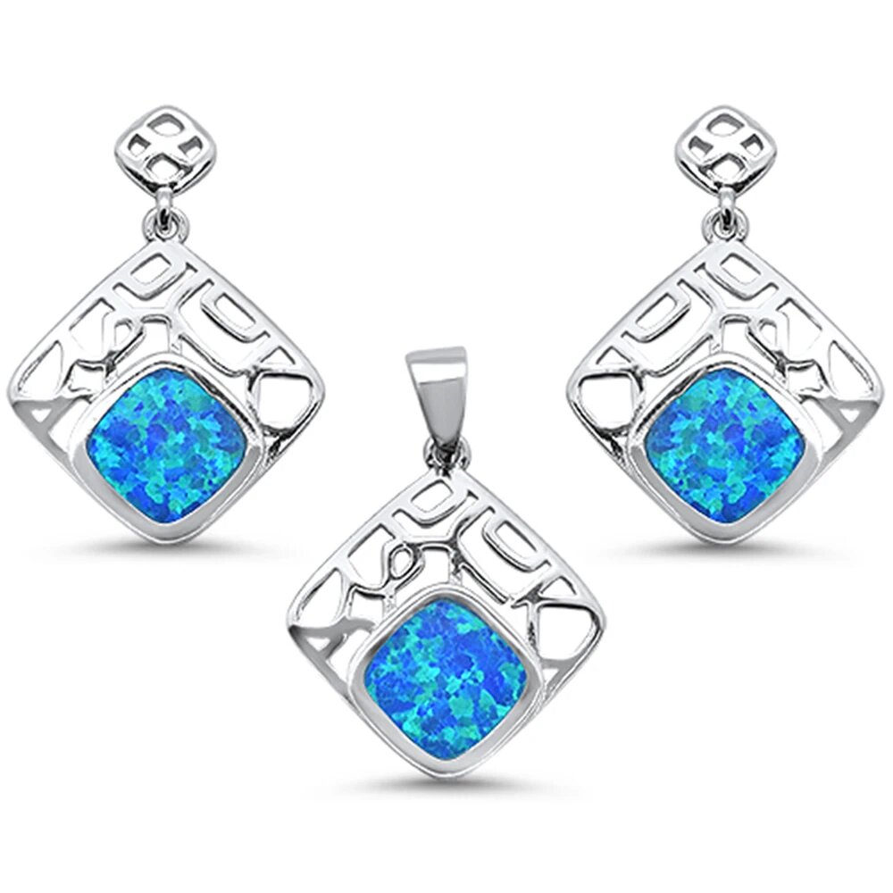 Sterling Silver New Blue Opal Pendant And Earring Set