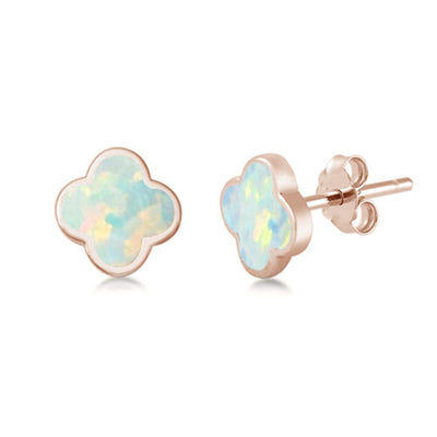 Sterling Silver Rose Gold Plated White Opal Clover Flower Stud Earrings - silverdepot