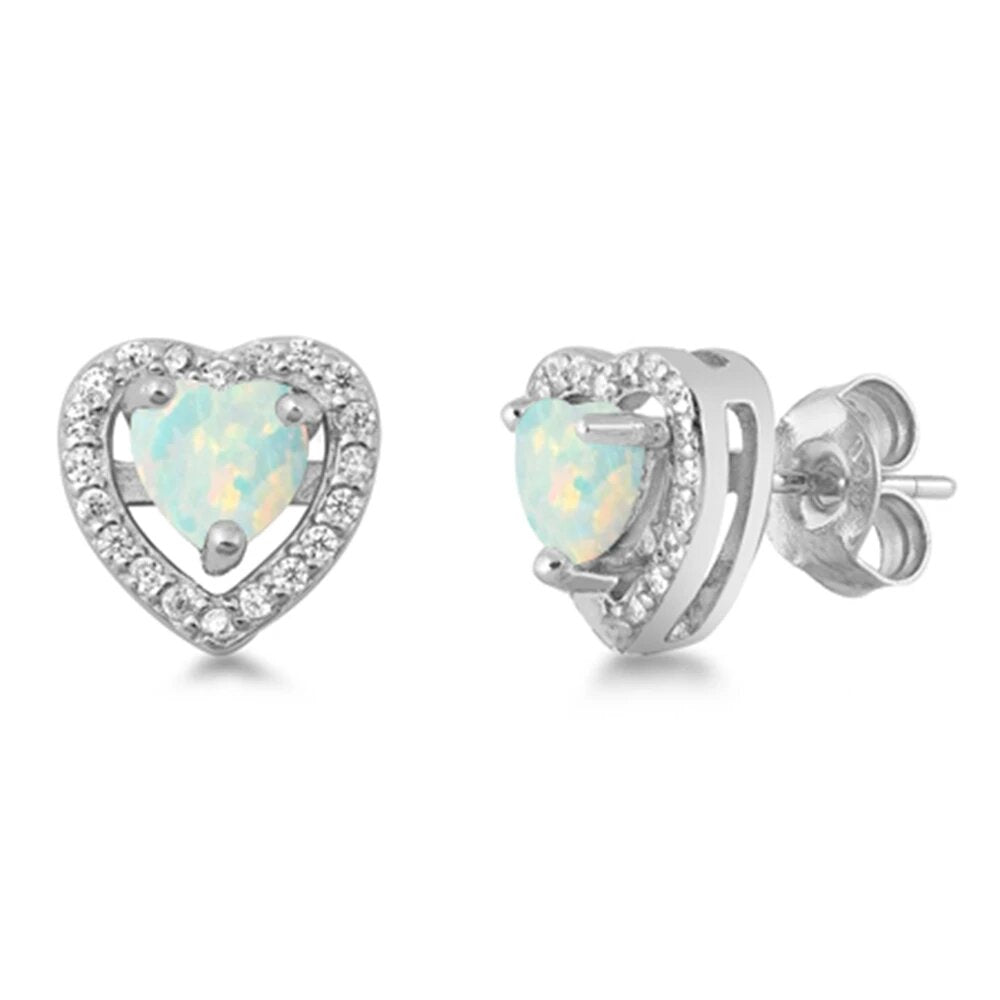 Sterling Silver White Opal Heart Earrings