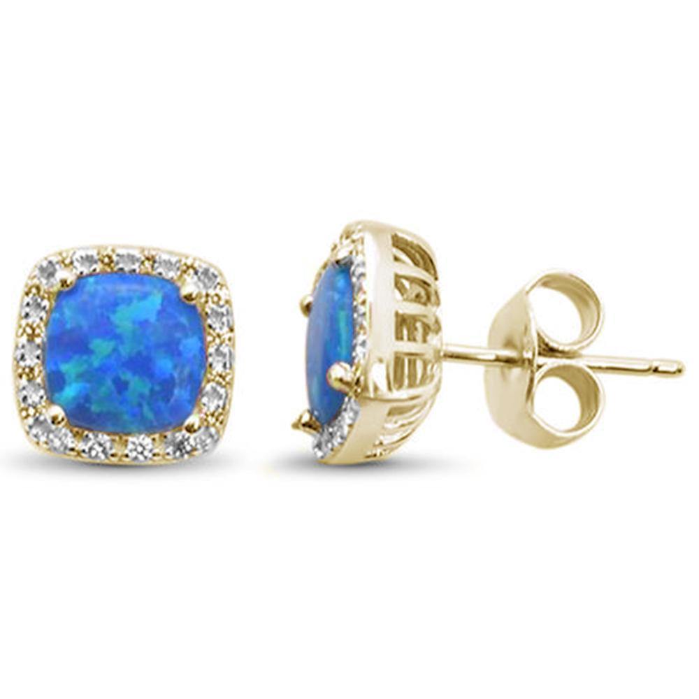 Sterling Silver Yellow Gold Plated Cushion Cut Blue Opal and Cubic Zirconia Earrings - silverdepot