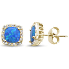 Load image into Gallery viewer, Sterling Silver Yellow Gold Plated Cushion Cut Blue Opal and Cubic Zirconia Earrings - silverdepot