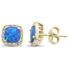 Sterling Silver Yellow Gold Plated Cushion Cut Blue Opal and Cubic Zirconia Earrings