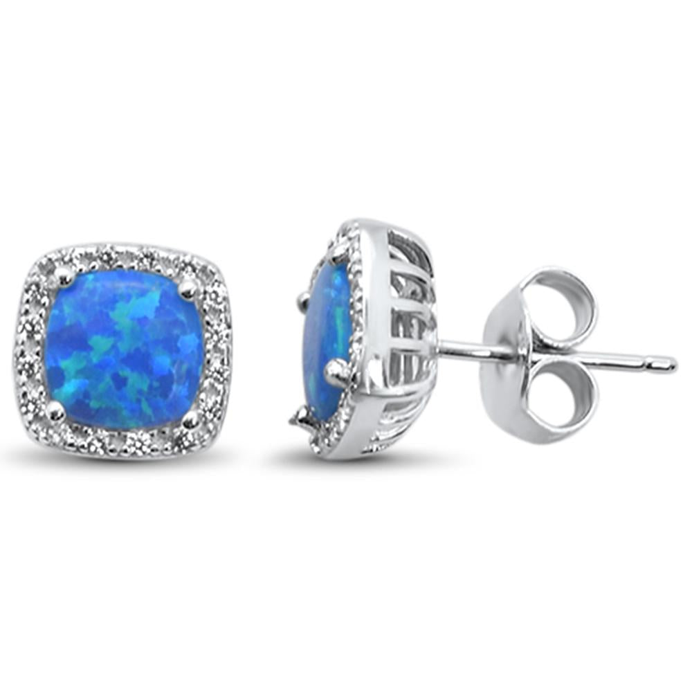 Sterling Silver Cushion Cut Blue Opal & Cubic Zirconia Earrings