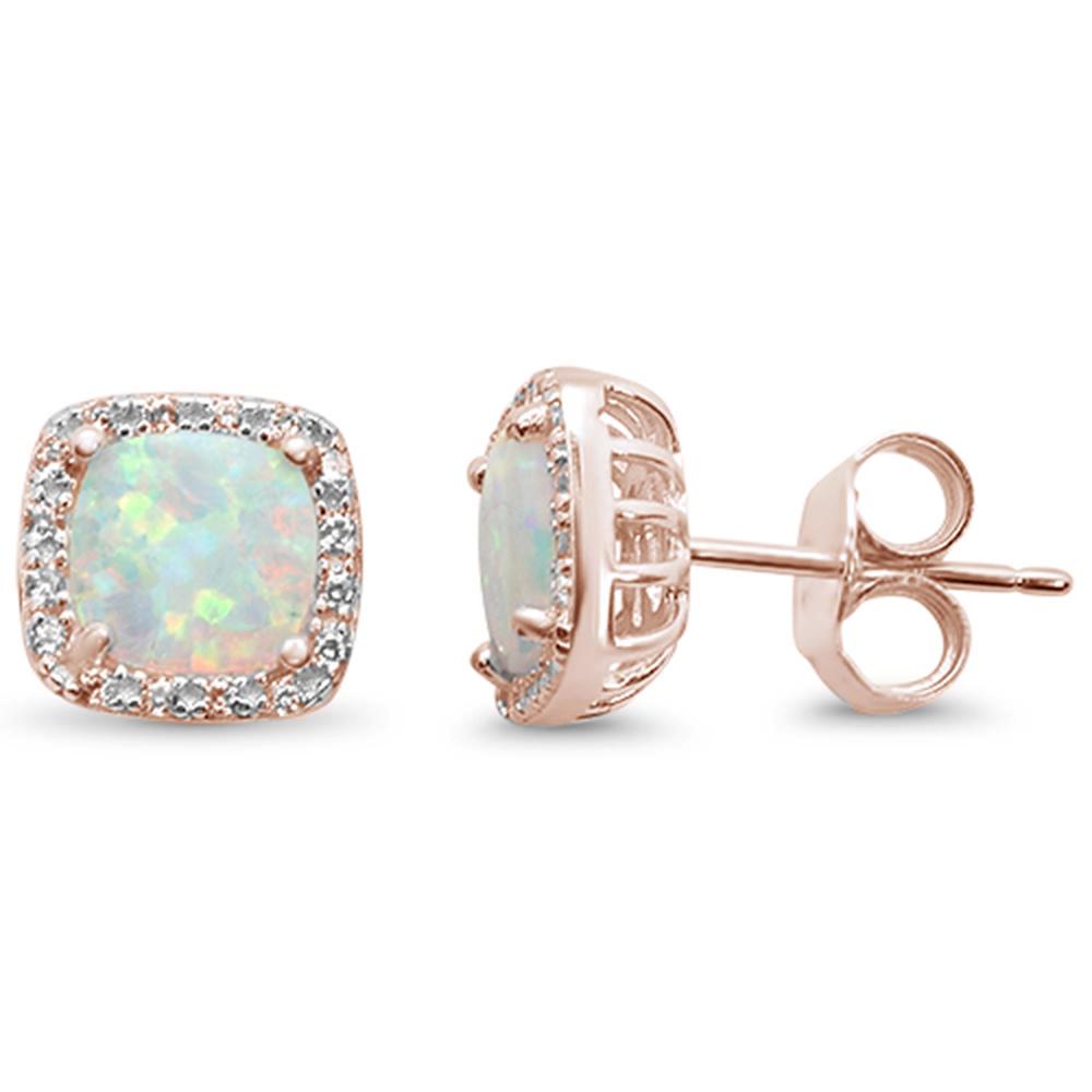 Sterling Silver Rose Gold Plated Cushion Cut White Opal and CZ Earrings