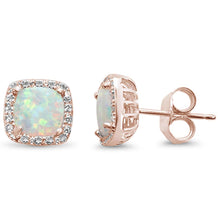 Load image into Gallery viewer, Sterling Silver Rose Gold Plated Cushion Cut White Opal and CZ Earrings