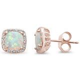 Sterling Silver Rose Gold Plated Cushion Cut White Opal and CZ Earrings