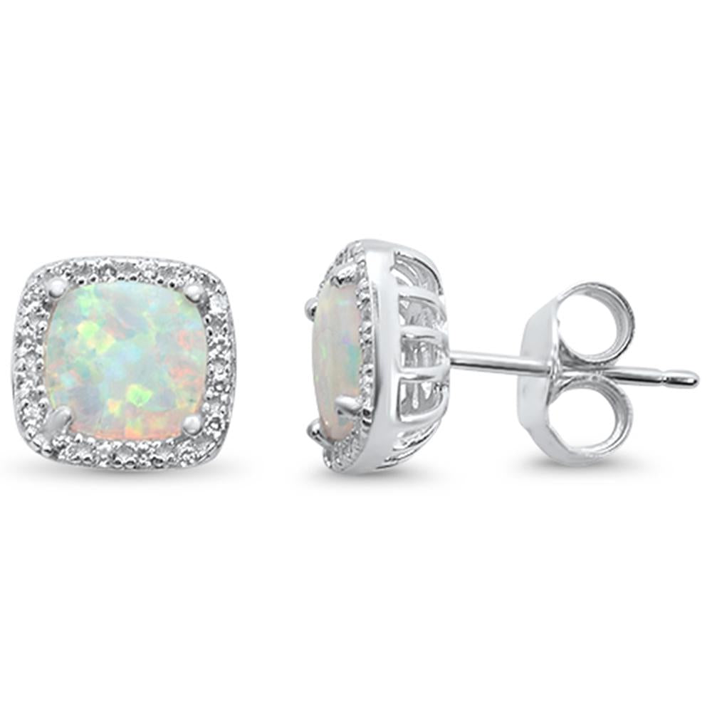 Sterling Silver Cushion Cut White Opal & Cubic Zirconia Earrings