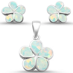 Sterling Silver White Opal Plumeria Flower Earrings And Pendant Set, Length 4inch, Pendant Width 20mm, Earrings Thickness 10mm