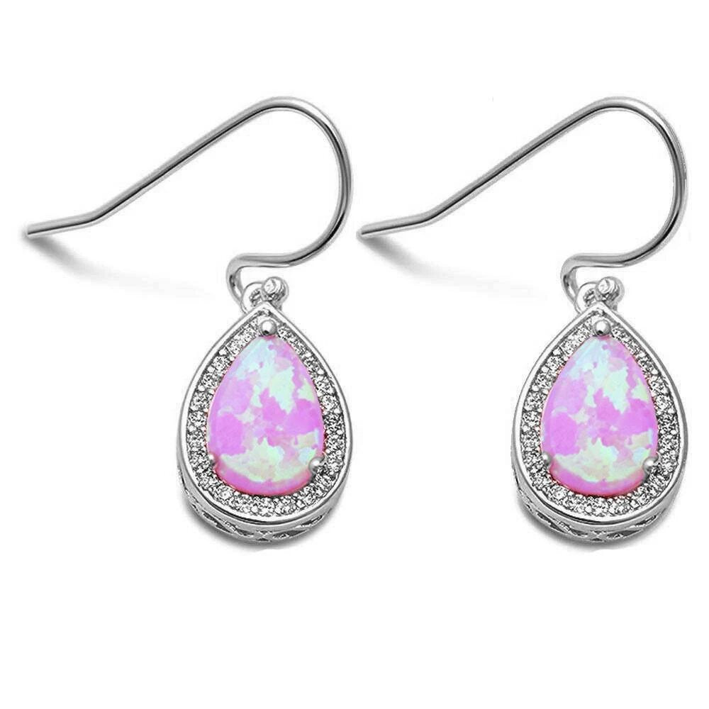 Sterling Silver Pear Shape Pink Opal Cubic Zirconia Earrings