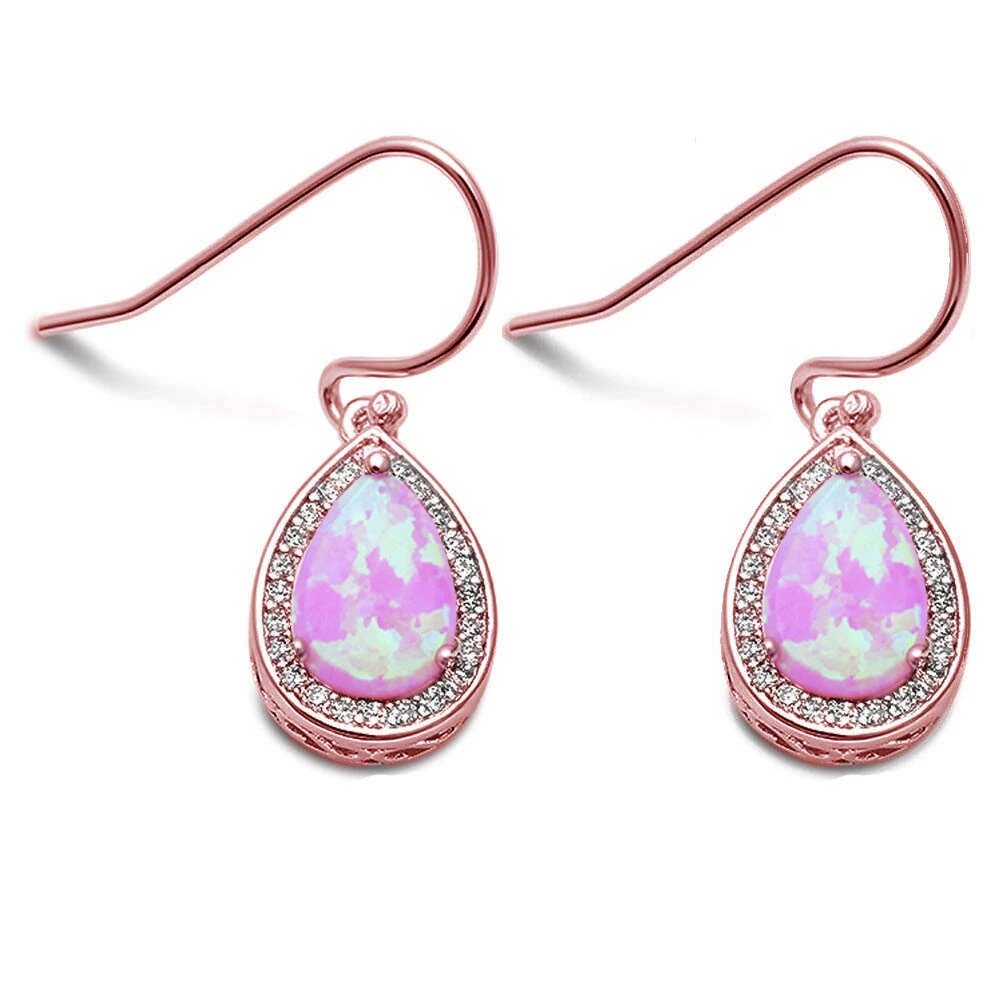 Sterling Silver Rose Gold Plated Pear Shape Pink Opal & Cubic Zirconia Earrings