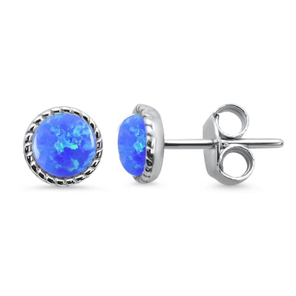 Sterling Silver Round Braided Milgrain Blue Opal Stud Earrings