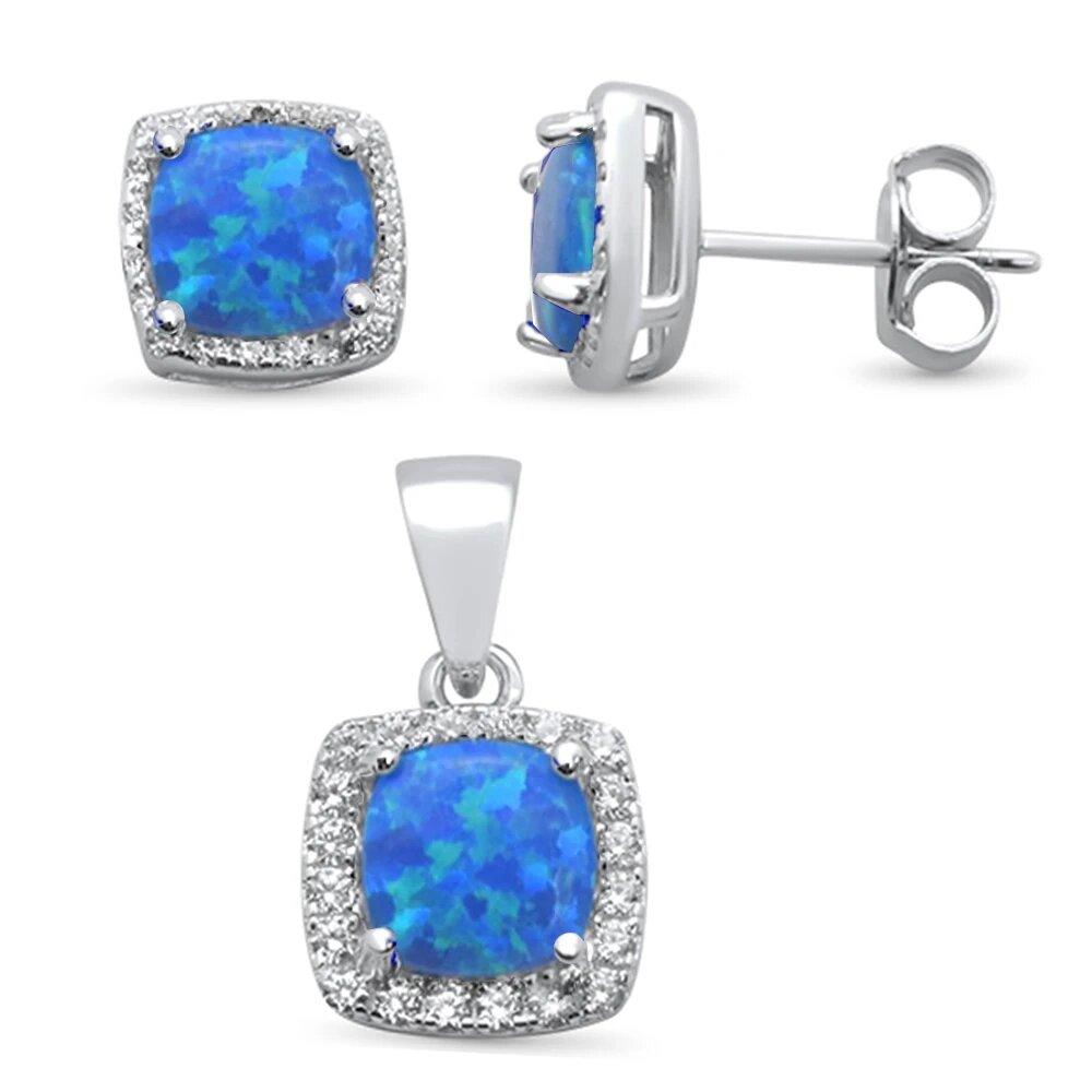 Sterling Silver Cushion Cut Blue Opal and Cubic Zirconia Earring and Pendant Set