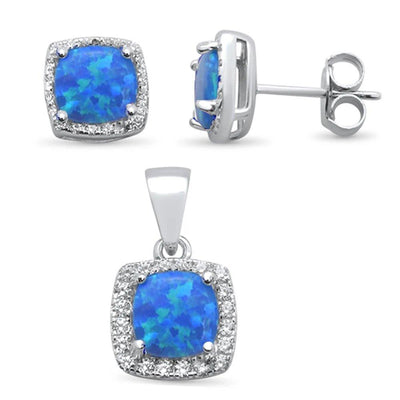 Sterling Silver Cushion Cut Blue Opal and Cubic Zirconia Earring and Pendant Set