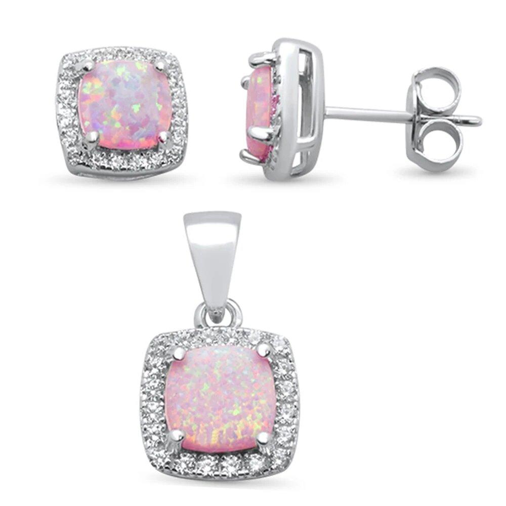 Sterling Silver Cushion Cut Pink Opal and Cubic Zirconia Earring and Pendant Set