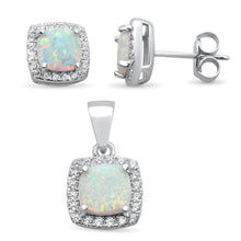 Load image into Gallery viewer, Sterling Silver Cushion Cut White Opal and Cubic Zirconia Earring and Pendant Set