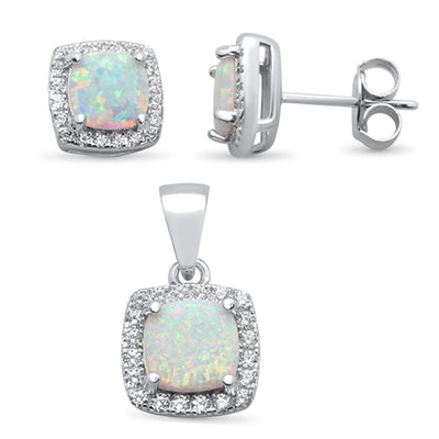 Sterling Silver Cushion Cut White Opal and Cubic Zirconia Earring and Pendant Set