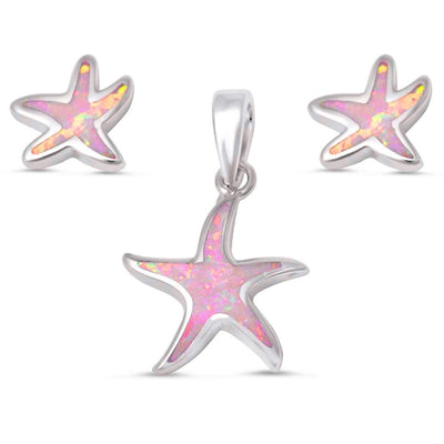 Sterling Silver Lab Created Pink Opal Star Fish Earrings and Pendant Set