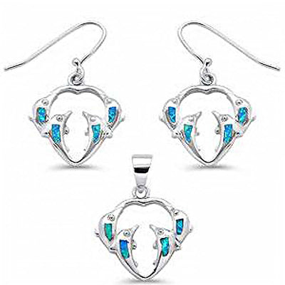 Sterling Silver Blue Opal Dolphin Dangling Earring and Pendant Set